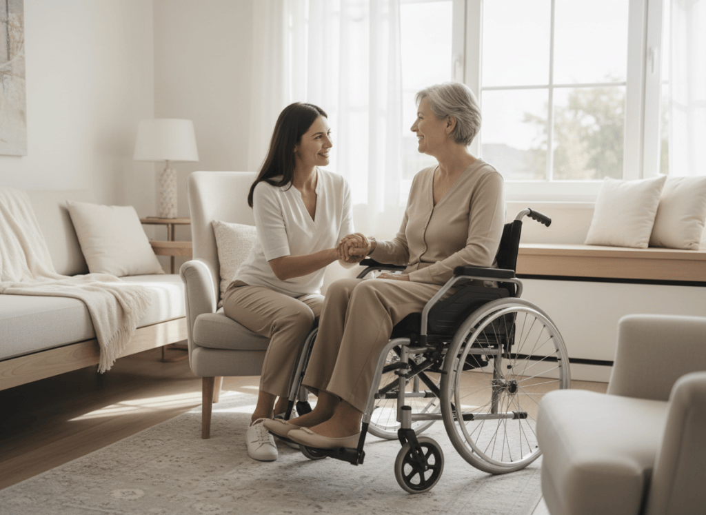 Adulte en situation de handicap moteur dans un cadre chaleureux